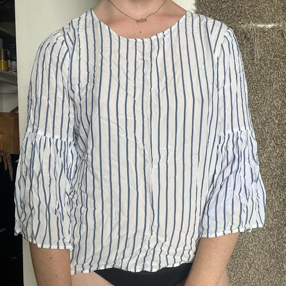 Blue & White Stripped Pink Rose Blouse